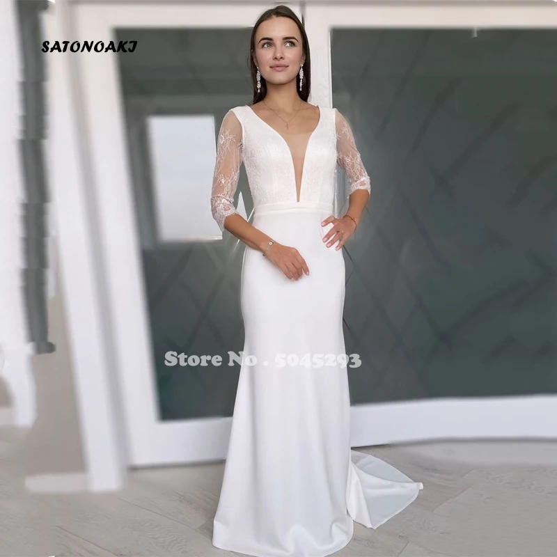 

Vestido De Novia Beach Mermaid Wedding Dress 2022 For Women Half Sleeve Satin Lace Appliques Deep V-Neck Bridal Gown Robe Mariee