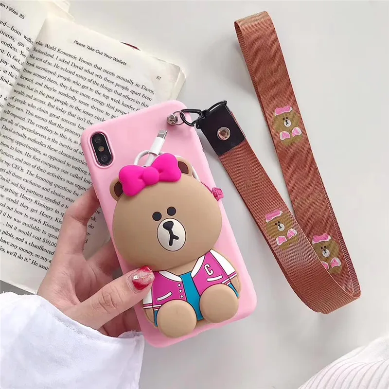 PinkBear Кошелек, силиконовый чехол для телефона, для iPhone X, XR, XS, MAX, 7, 8, 6, 6S Plus, милый, 3D, стежок, мультяшная сумка для Apple, iPhone, 11 Pro, Max, роскошный - Цвет: PinkBear