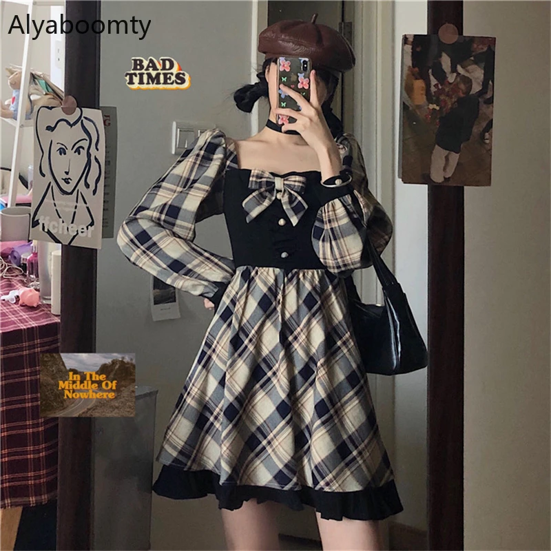 

England Style Women Mini Dress Square Collar Contrast Color Vintage Plaid Bow Dress Puff Sleeve Cute Kawaii Lolita Ruffles Dress