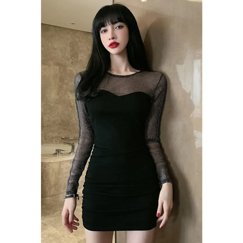 

Spring 2020 New Fashion Women's Long-Sleeved Mesh Gauze Slim-Fit Bag Hip Round Neck Sexy Bottoming Dress