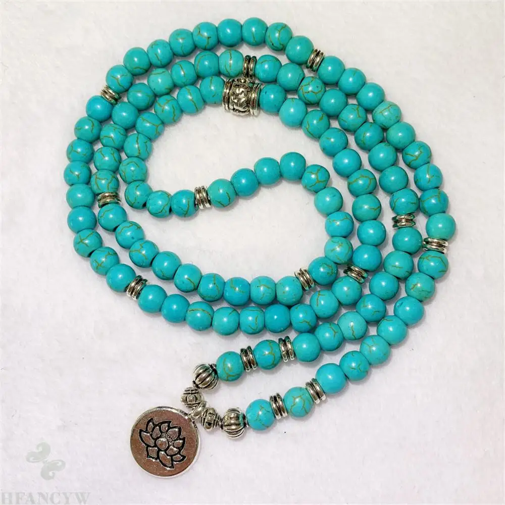 

6mm Turquoise 108 Bead Lotus Pendant Stretch Bracelet Meditation Healing Elegant Handmade Lucky Classic Cuff Buddhism Pray Yoga