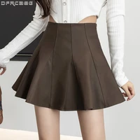new autumn and winter pu leather skirts women streetwear a line mini falda plisada high waist skater pleated skirt brown black