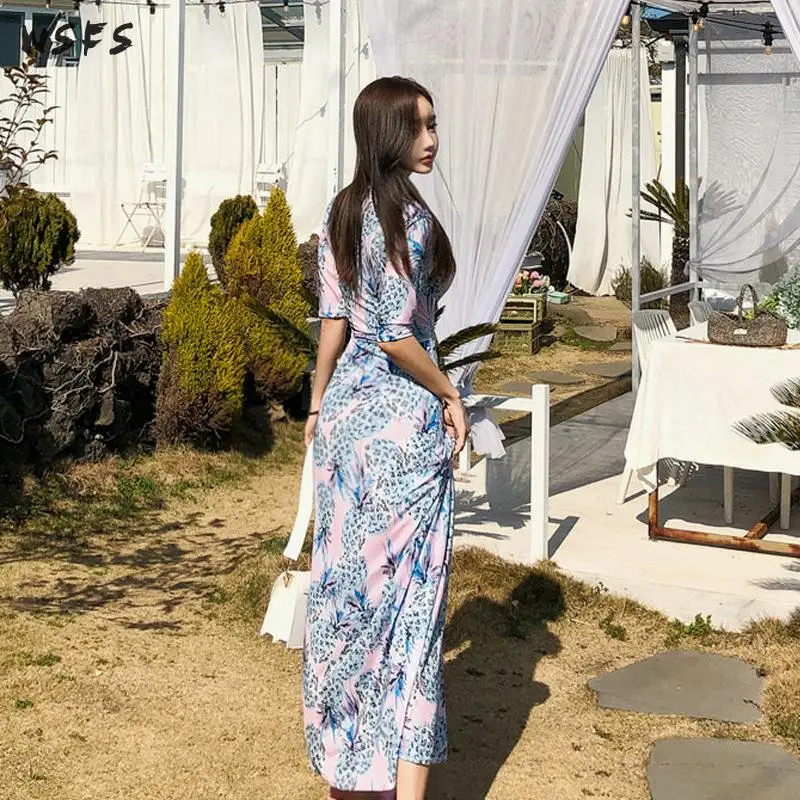 Летние длинные платья с V образным вырезом короткими рукавами принт в виде