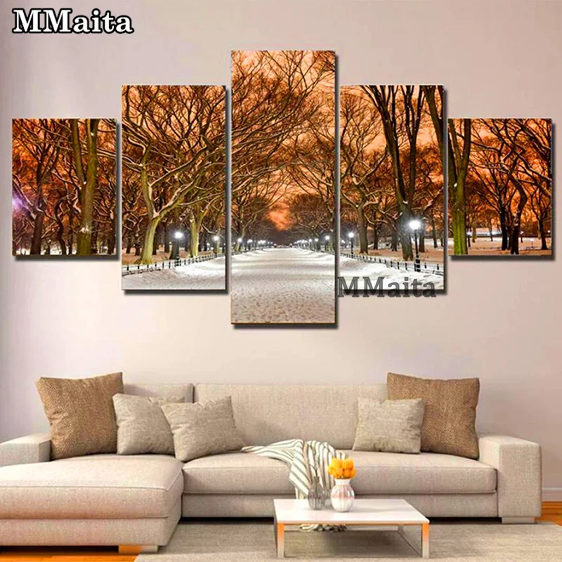 

Набор для алмазной вышивки с 5 панелями, 5D «сделай сам», полноразмерная картина, дерево, снег, ночь, комбинация картин, зимний пейзаж, GG5670