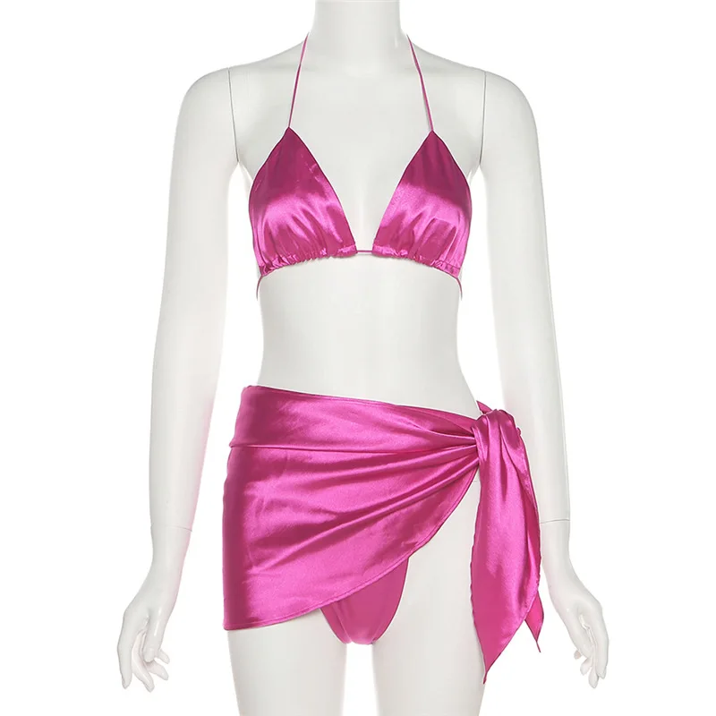 

Women's split solid color sexy satin swimwear 3-piece bikini set with mini skirt beachwear women's summer