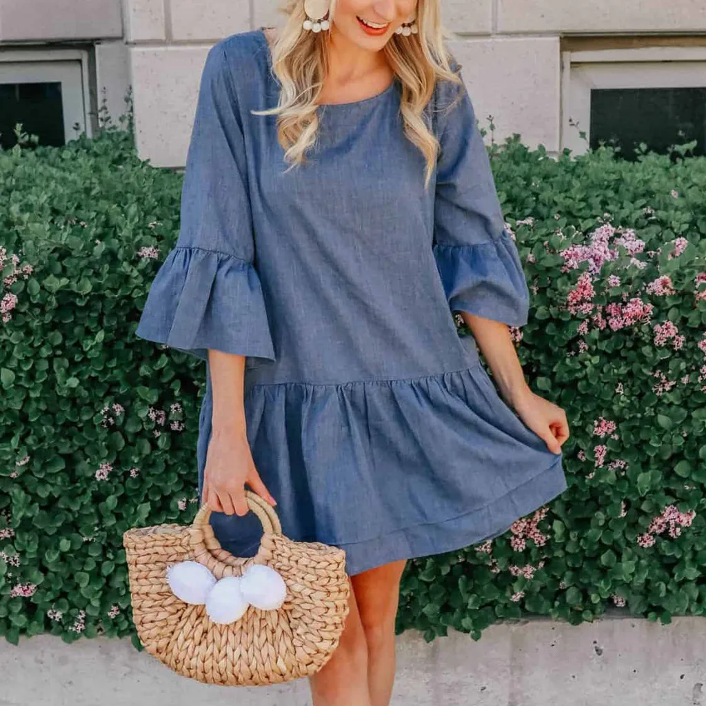 Женское джинсовое платье повседневные однотонные ковбойские платья с круглым