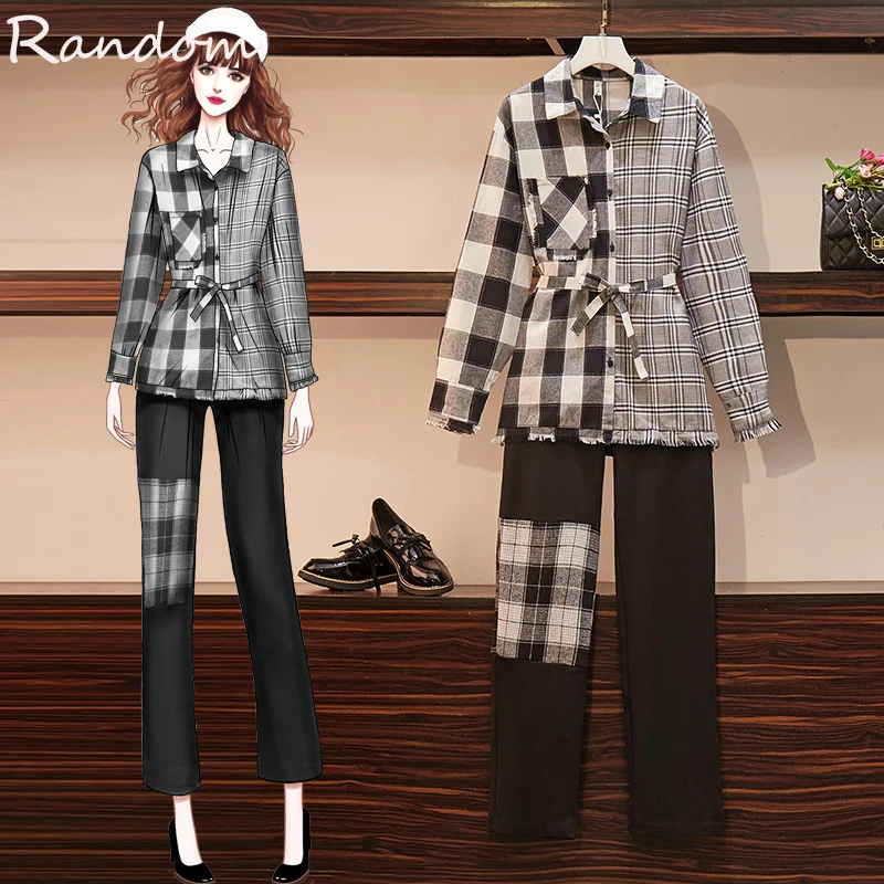 Женский винтажный спортивный костюм размера плюс Женская клетчатая футболка топ