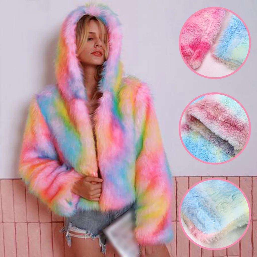 Женская неоновая куртка из искусственного меха на молнии с длинным рукавом и