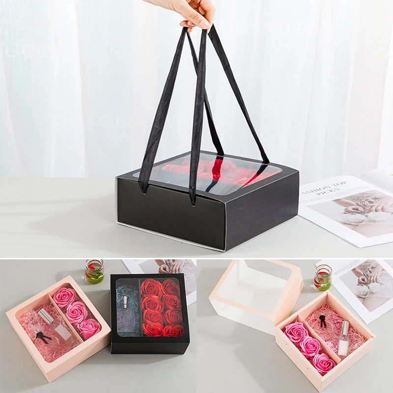 With Handle Flower Packaging Boxes Transparent Clear Window Pull-out Floral Box Portable Gift Handbag