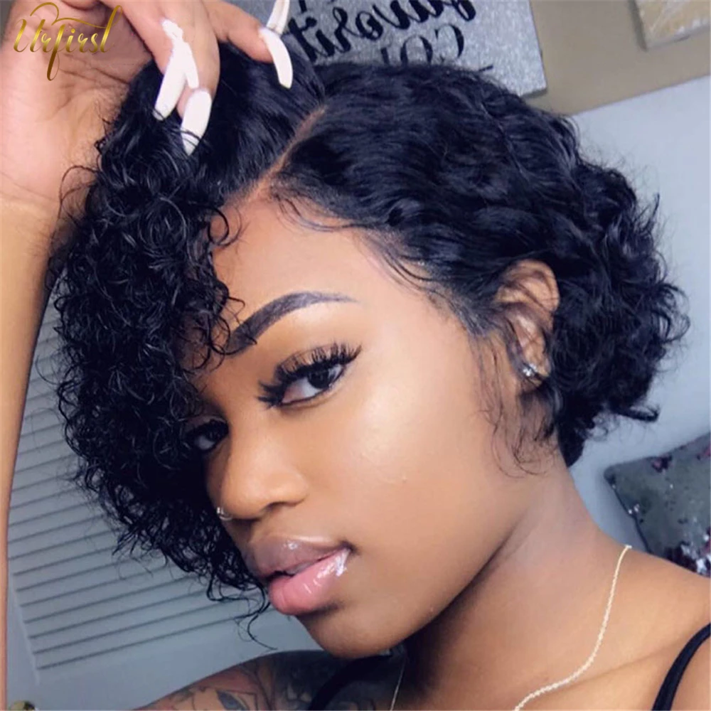 URFIRST Pixie Cut Bob Lace Front Wigs Curly Human Hair Wig Lace Front Human Hair Wigs Pre Plucked Remy Brazilian Human Hair Wigs