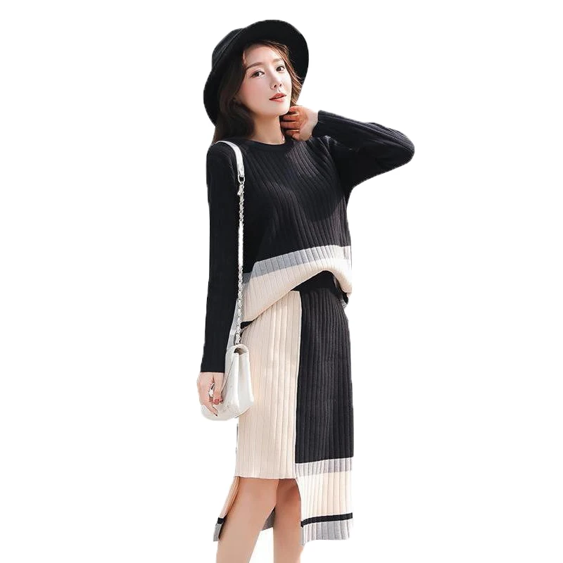 Свитер с длинными рукавами и круглым вырезом юбка средней длины Модные женские