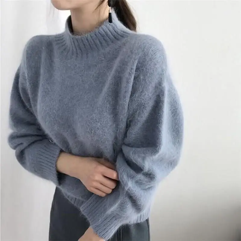 Korean Mink Cashmere Oversized Sweaters Elegant Solid Hairy Knitted Pullovers Casual Harajuku Loose Turtleneck 2019 | Женская одежда