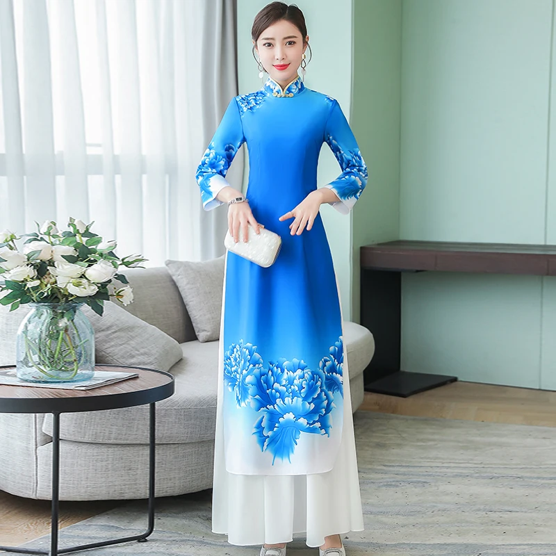 Vietnam Ao Dai Общая Одежда 2019 Новый китайский стиль сценическое шоу Aodai платье длинное