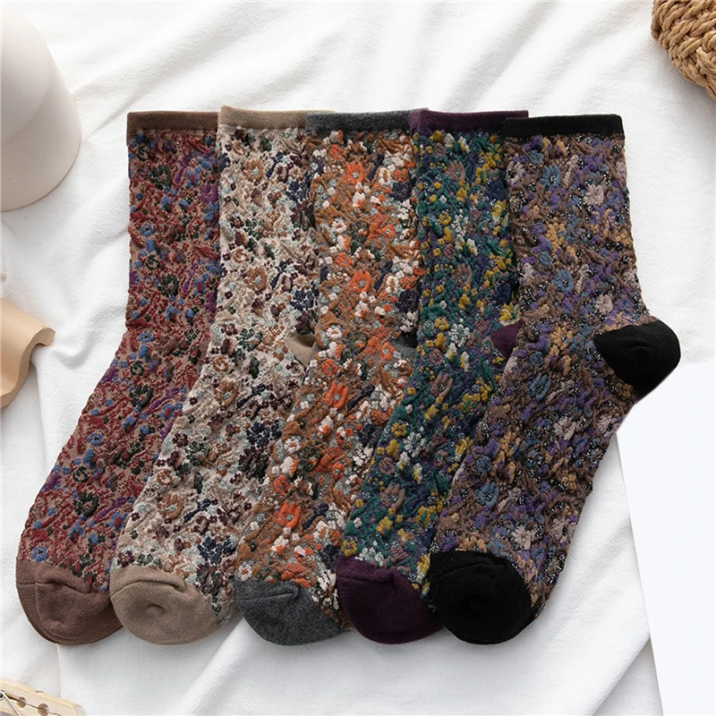 

Fashion Women Funny Socks Cotton Euramerican National Wind Autumn Winter Ladies Floral Socks Warm Cute Vintage Sokken New