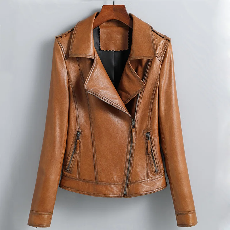 

Осень 2021, корейский стиль, винтажная короткая модная Женская приталенная мотоциклетная кожаная куртка с лацканами в стиле ретро