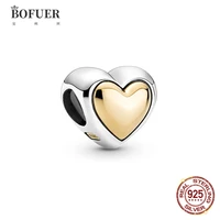 bofuer 925 sterling silver gold heart bead love charms fit pandora brand bracelet women diy jewelry making 520b