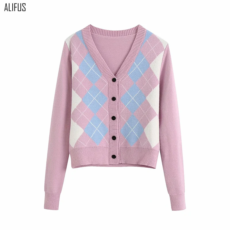 

Knitted diamond plaid sweater women 2020 European and American autumn new college style V-neck plaid sweater