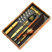 1 pcs vintage quill feather dip pen fountain writing ink 5 nibs seal wax gift box calligraphy stationery school supplies