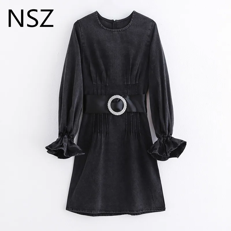 Женское джинсовое платье с пышными рукавами NSZ черные вечерние платья поясом