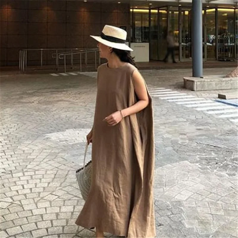 

Women's Dress Sleeveless Cotton Linen Sundress Female Spring Summer New Loose Split Big Swing Vest Robe Dress