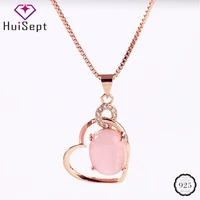 huisept fashion 925 silver jewellery necklace oval rose quartz zircon gemstone heart shaped pendant ornaments for female wedding