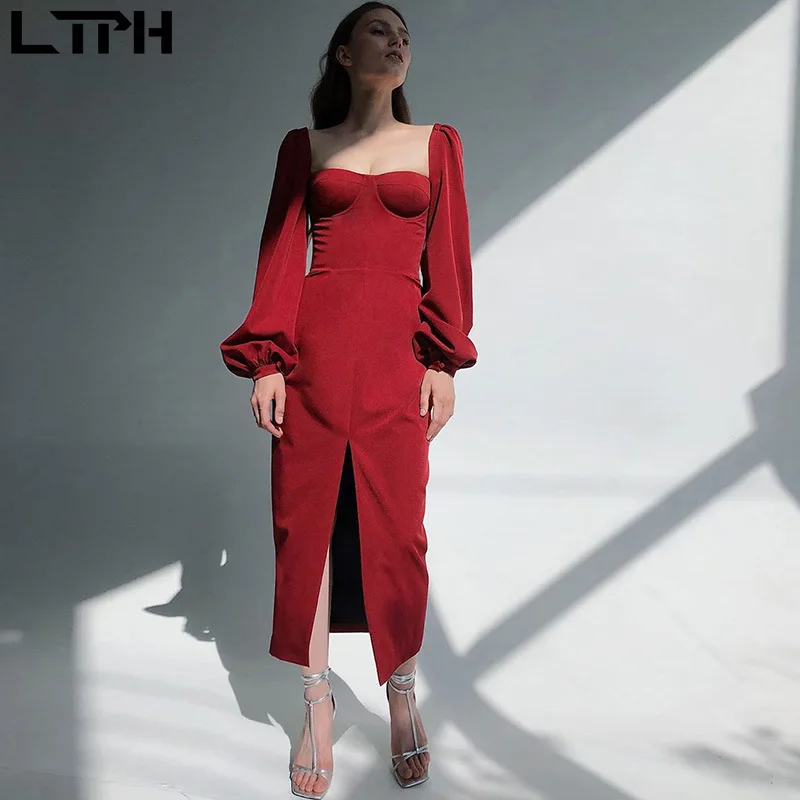 LTPH винтажный буф платье с рукавом женское сексуальное квадратным воротником и