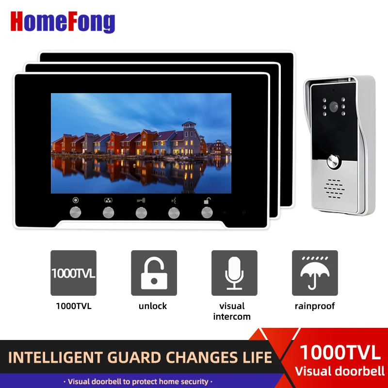 

Homefong Video Door Phone Intercom with 3 Monitors Door Phone Doorbell Camera Wired System Unlock IP65 Rainproof Night Vision