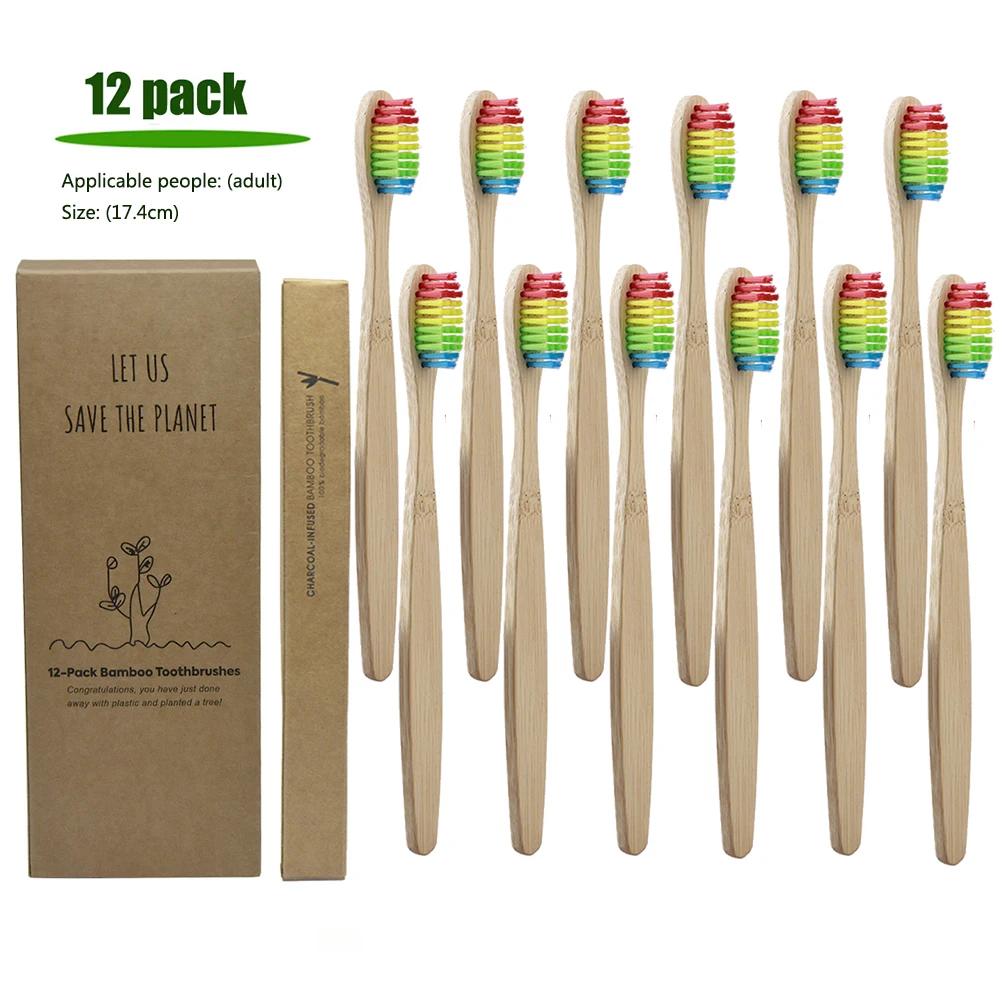 12 PCS Stiff brush 10 шт натуральная бамбуковая зубная щетка отбеливающая уход за полостью рта экологически чистые зубные зубы радужные щетки портативная зубная щетка для путешествий - Цвет: 12 PCS Stiff brush