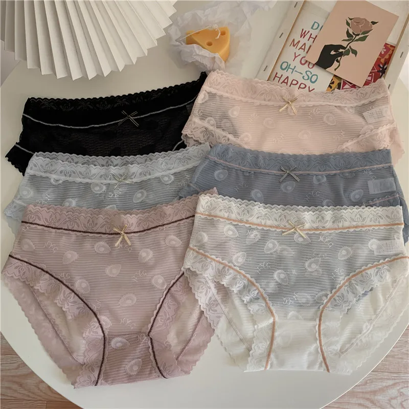 

Harajpee Sweet Student Panties Girl Perspective Thin Briefs Sexy Breathable Lace Quick Drying Mid Waist Underwear Three Pack