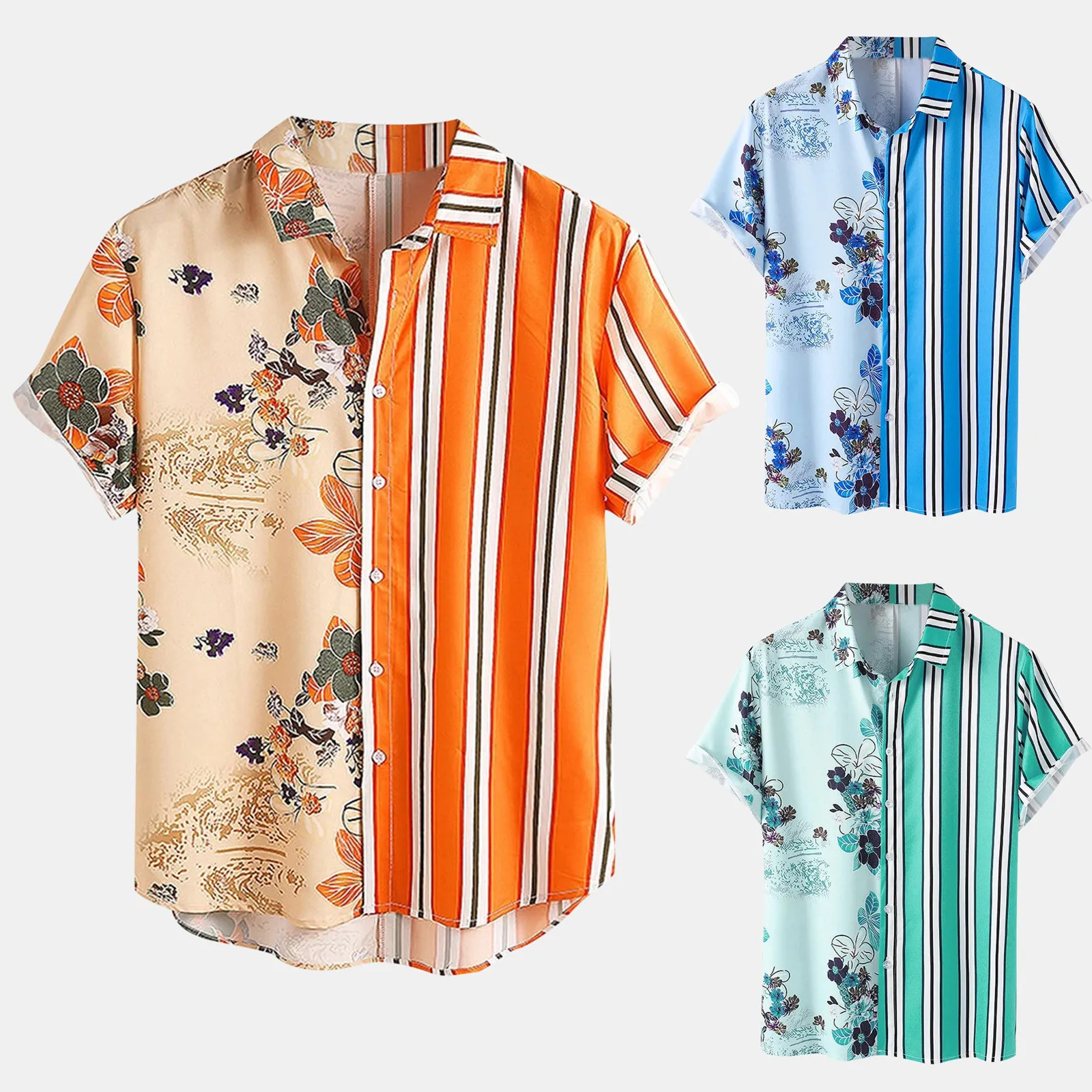 

55# Summer Mens Shirt Casual Hawaiian Bohemian Print Shirt Short Sleeve Turn-down Collar Men's Clothing Large Size Chemise Homme
