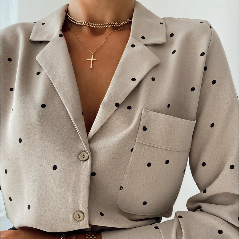 

Pocket Long Sleeve Turn Down Collar Women Blouse Office Lady Polka Dot Cotton Casual Shirts 2021 New Spring