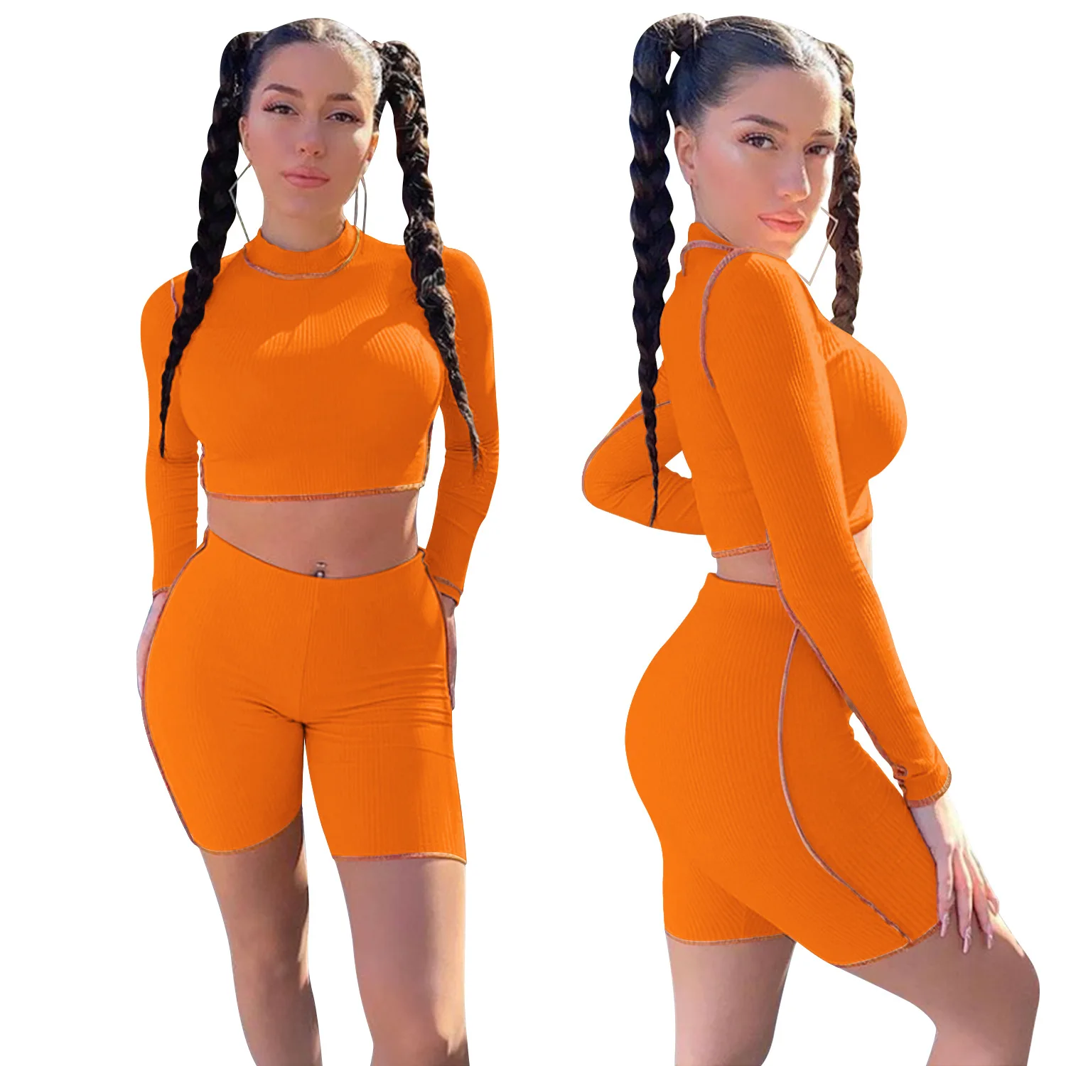 

Zoctuo Solid Patchwork Crop Top Women's Set Long Sleeve O Neck Skinny Two Piece Short Set Casual Slim Fashion Two Piece Sets