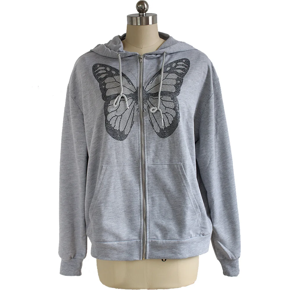 

Kawaii Butterfly 2021 Spring Oversized Hoodies Women Cotton Black Zip Up Long Sleeve Summer Sweatshirts Streetwear Gray Tops