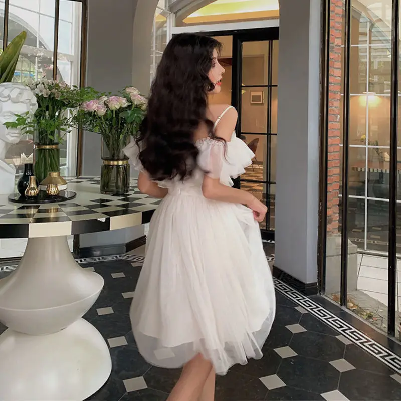 

New Midi Dress Women's Summer 2021 Dress Vintagea Lace A-Line Mid-Calf Lantern Sleeve Solid Korean Fashion Clothing