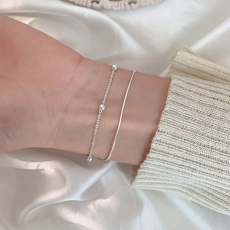 

925 Sterling Silver Beaded Chain Bracelet for Women Double Layer Bracelet Gifts Jewelry