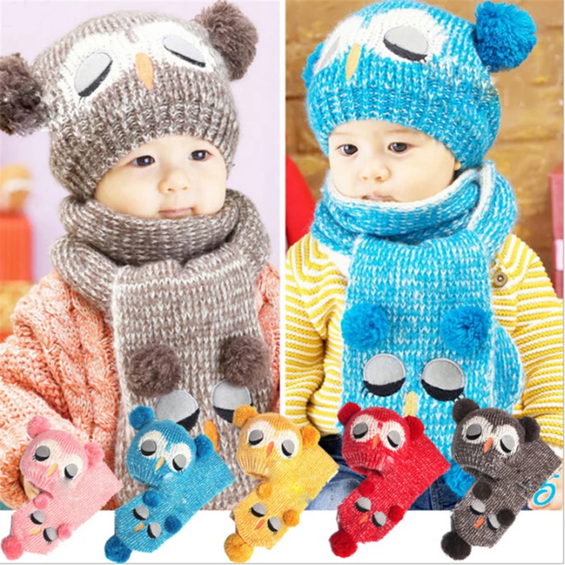 

New Baby Hat Autumn and Winter Infant Knitted Wool Hat Fashion Owl Hat Children Warm Windproof Hat Scarf Set Cap Unisex Print