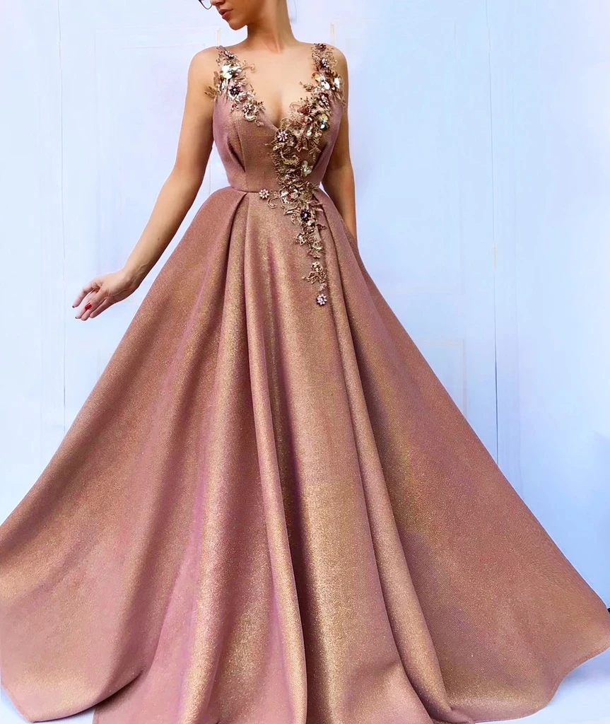 

Brown Moroccan Evening Dresses A-line V-neck Tulle Appliques Beaded Long Luxury Turkey Dubai Saudi Arabia Prom Dress Gown