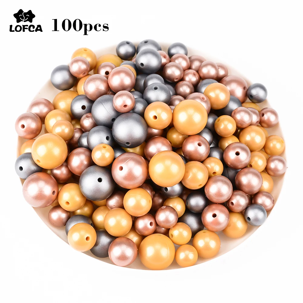 

LOFCA Wholesale 100pcs Metallic Silver Print Round Beads Silicone BPA Free 15mm Baby Teething Loose Beads 12mm For Necklace DIY