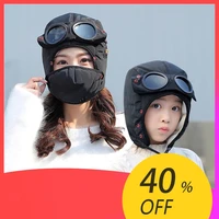 2022 fashion winter bomber hat with masks goggles waterproof hood pilot hats glasses ear protection cap kids adult balaclava