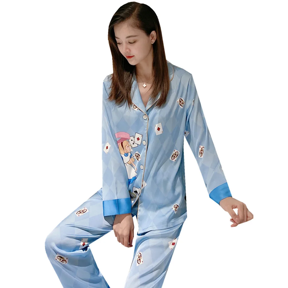 

Silk pajamas women's autumn ice silk long sleeve trousers two piece set lovely sweet little fresh home suit
