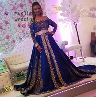 royal blue arabic muslim evening dress with rose gold appliques luxury long sleeve a line prom dresses kaftan dubai formal gowns