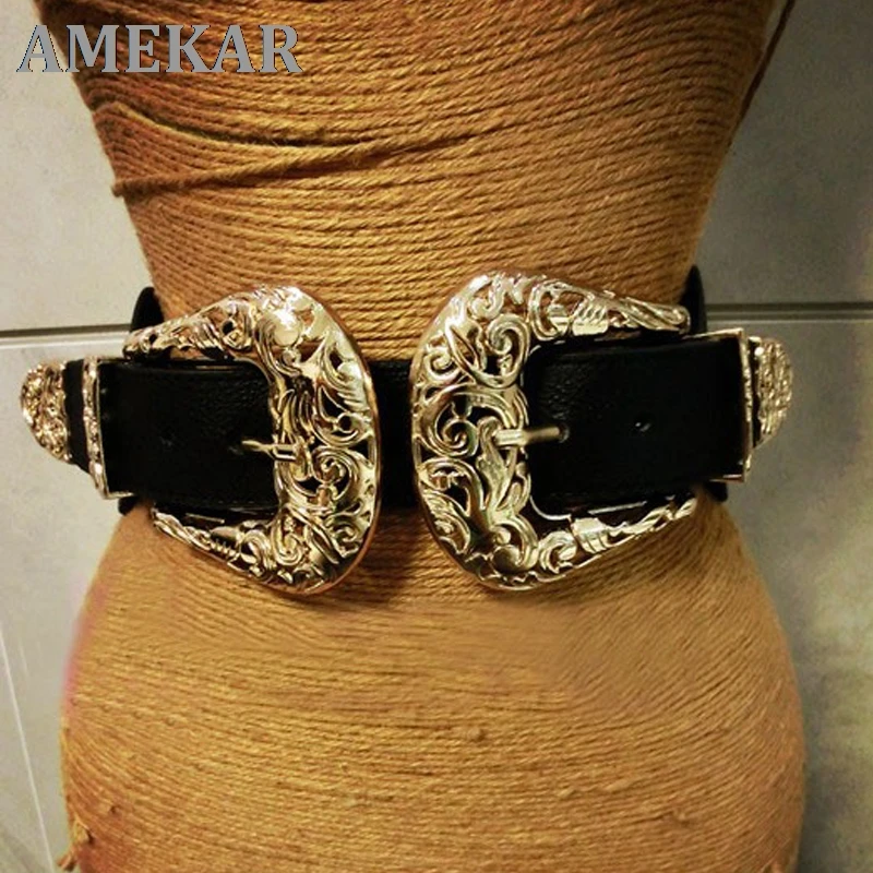 

New Fashion Female Vintage Strap Metal Pin Buckle Leather Belts For Women elastic Designer sexy gold hollow out wide waist belts
