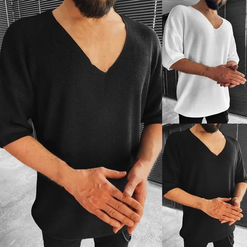 Мужской повседневный трикотажный свитер однотонные джемперы с коротким рукавом