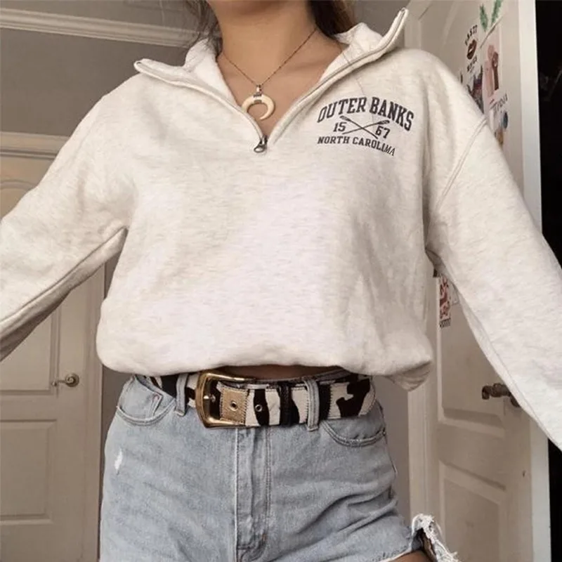

Winter Warm 2020 Long Sleeve Pullovers Plus Size British Top Luxury Thick Gray Zipper Letter Printing Sweatshirt Women Oversized