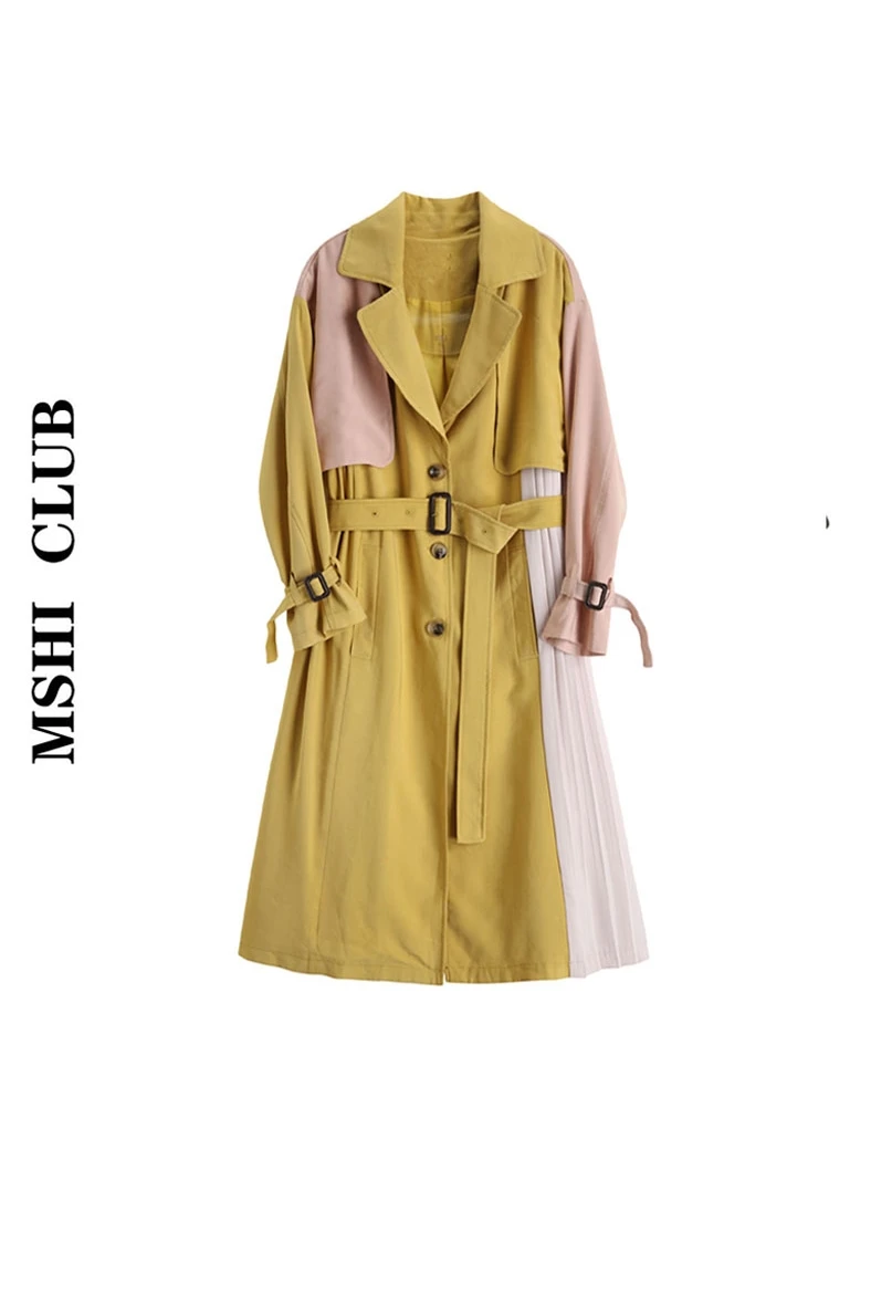 Женский желтый контрастный цветной лоскутный плиссированный большой Тренч