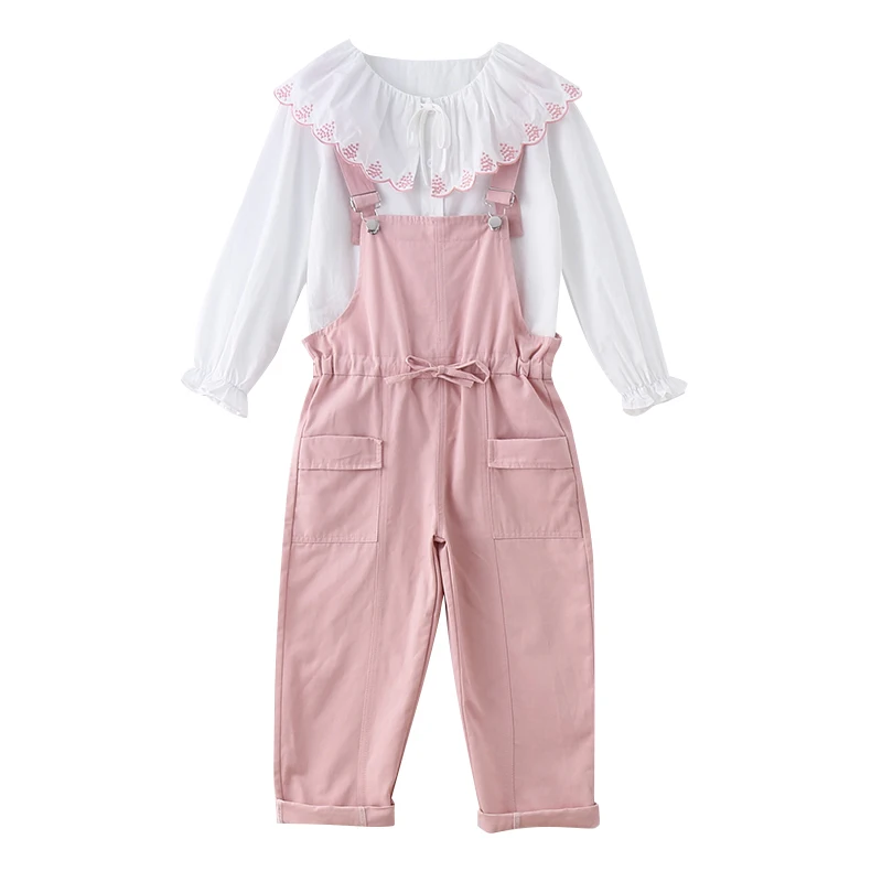 

Kids 4-14 years girls fashion 2020 new spring/autumn flower lace collar top and cotton overalls suspender trousers teen clothes