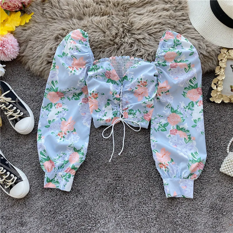 Summer Sexy Ladies Lantern Sleeve Square Collar Short Top Fairy Retro Floral Cross Chest Strap Blouses Shirts Women Streetwear