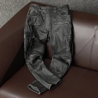autumn winter mens new retro fashion motorcycle nature leather pants high quality first layer cowhide bike riding trousers