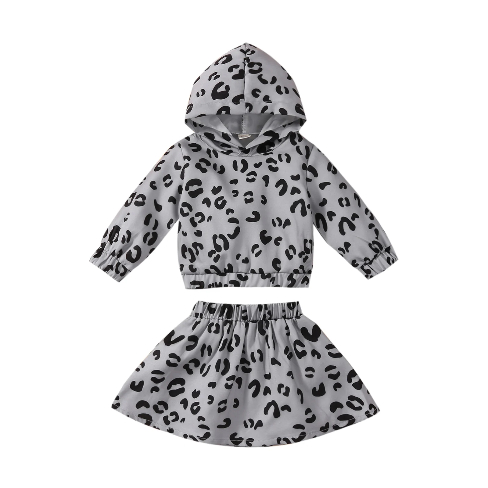 

2021 1-6Y Fashion Kids Baby Girl Clothes Set Spring Fall Leopard Print Long Sleeve Hooded Top Pullovers+A-line Skirt Fall 2pcs