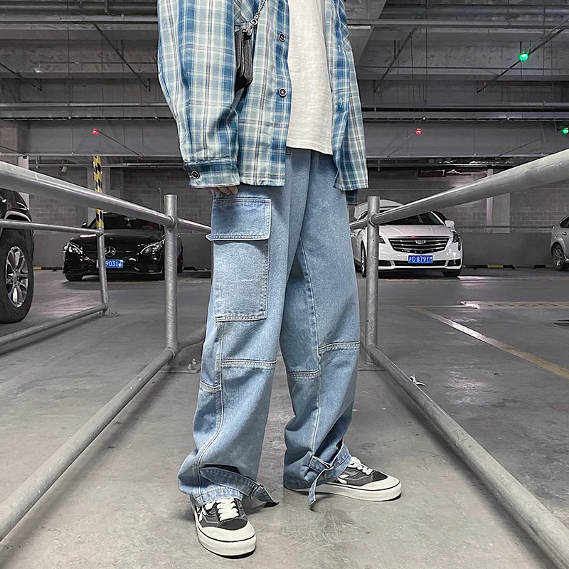

S-5XL Plus Size Women Jeans 2021Spring Autumn Blue Big Pocket Straight Baggy Denim Pants Man Korean Fashion Wide Leg Jeans Mens